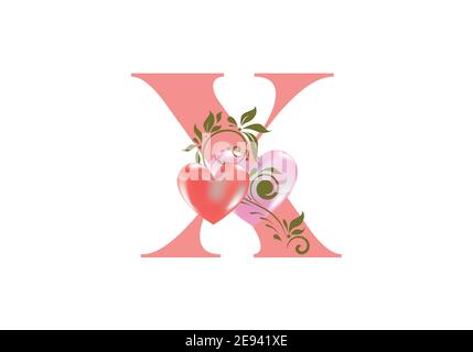 Floral alphabet, letter X  with two hearts. Monogram initials for wedding invitations, greeting card etc. Valentine's day concept Stock Vector