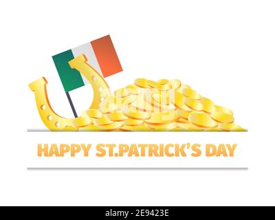 Happy St. Patrick's Day. A pile of gold coins with gold horseshoe and Irish flag isolated on white background. Vector illustration Stock Vector
