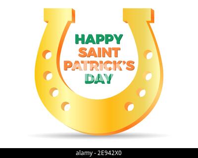 Happy St. Patrick's Day. Golden horseshoe on white background. Banner for promotional items, greeting cards and printing. Vector illustration Stock Vector