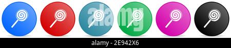 Lollipop, candy, sweet food vector icons, set of circle gradient buttons in 6 colors options for webdesign and mobile applications Stock Vector