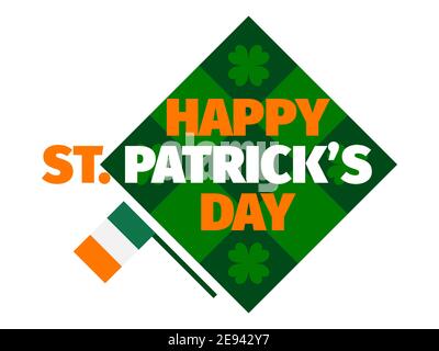 Happy St. Patrick's Day. Checkered background with Irish flags and clover isolated on white background. Background for printing on paper, advertising Stock Vector