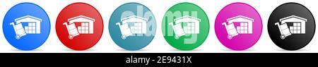 Warehouse and shipping barrow, delivery, freight concept vector icons, set of circle gradient buttons in 6 colors options for webdesign and mobile app Stock Vector