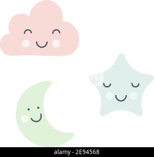 Set of pastel green moon, blue sleepy star and pink cloud for baby room decoration. Childish style colors. Perfect for fabric print logo sign cards Stock Vector