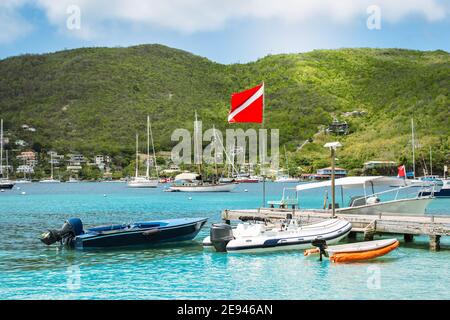 Boats in the harbor of Bequia, St Vincent and the Grenadines. Stock Photo