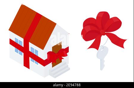 Gift home. Cartoon house wrapped with red ribbon. Key with bow. Vector illustration flat design style Isolated on white background. Stock Vector