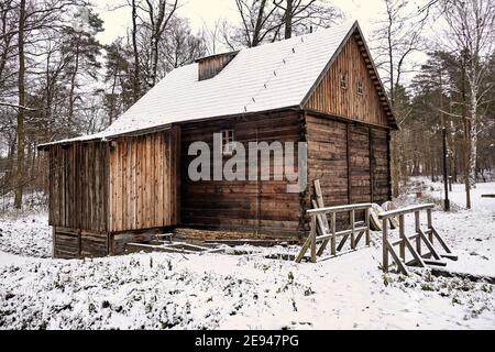 Radom, Poland -  January 15, 2021. Wooden watermill from Zofiowka village built around 1901 in Radom Village Museum. Stock Photo