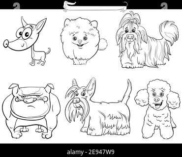 Black and white cartoon illustration of purebred dogs comic characters set Stock Vector