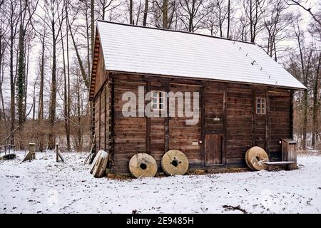 Radom, Poland -  January 15, 2021. Wooden watermill from Zofiowka village built around 1901 in Radom Village Museum. Stock Photo