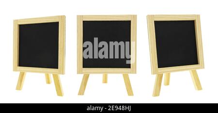 collection of empty blackboard or chalkboard in wooden frame isolated on white background. Stock Photo