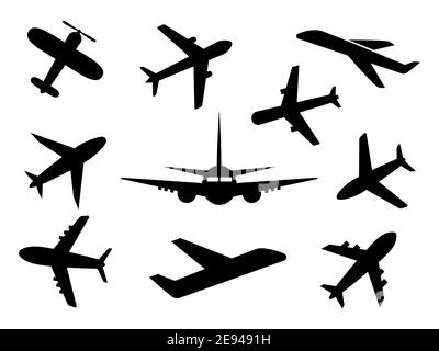 Airplanes icon set. Plane black outline collection isolated. Travel symbol vector illustration isolated on white. Stock Vector