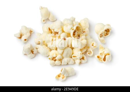 Tasty heap of salted popped popcorn isolated on white background Stock Photo