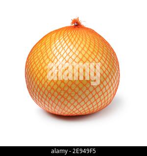 Single large yellow pomelo wrapped in plastic reticle isolated on white background Stock Photo