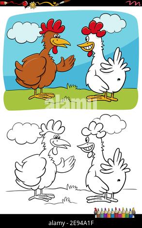 Cartoon illustration of two hens or chickens talking coloring book page Stock Vector