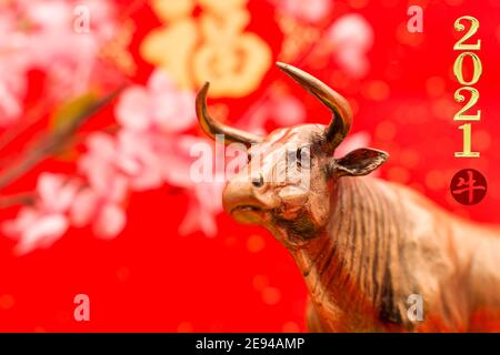 Tradition Chinese 2021 is year of the ox,Chinese characters on upside mean:good luck for new year, seal mean:ox Stock Photo