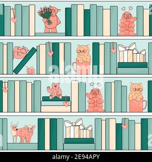 Seamless pattern of Bookcase with pink animals toys. Hippo is on his back, another animal with tulips, cat in mug, deer, bear, highland cow, tardigrad Stock Vector