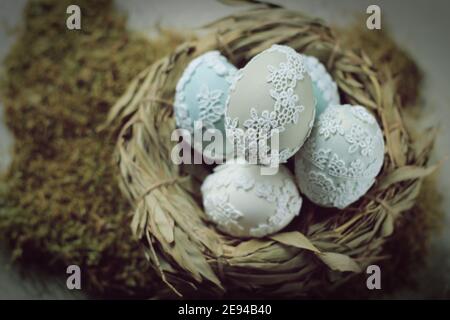 Close up shot of colorful decorated Easter eggs. Stock Photo