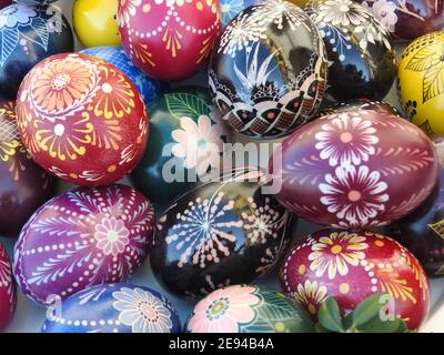 Close up shot of colorful decorated Easter eggs. Stock Photo