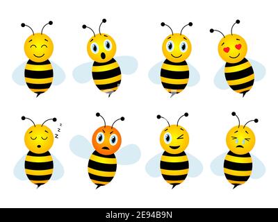 Bees emotions character collection. Cute bee set with emoji vector illustration isolated on white. Stock Vector