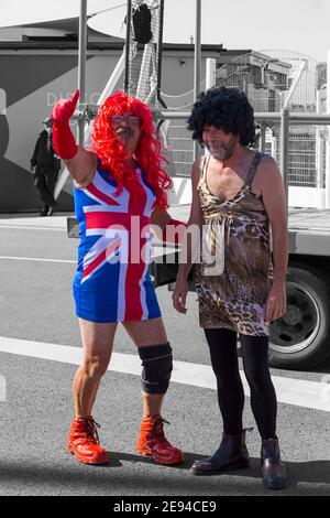 Ginger Spice wearing Union Jack mini dress and Scary Spice from the Spice Girls take part in Weymouth Carnival at Weymouth, Dorset UK in August Stock Photo