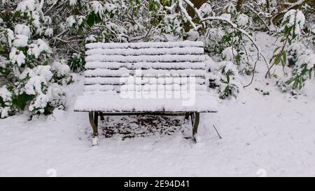 Snow covered old fashioned wooden garden seat with foliage behind and copyspace below Stock Photo