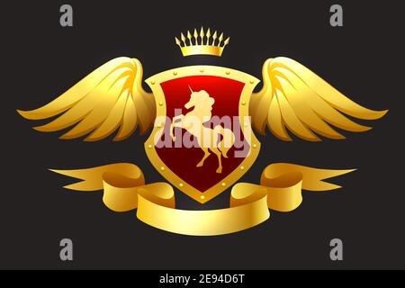 Unicorn Coat of Arms. Golden crown shield wings and ribbon. Vector illustration. Stock Vector
