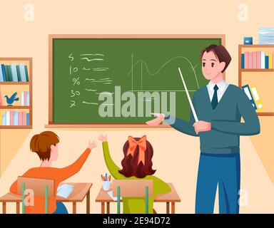 School teacher and children study in classroom, standing at class chalkboard, teaching Stock Vector