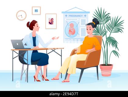 Pregnant woman at doctors appointment, talking with specialist on pregnancy checkup Stock Vector