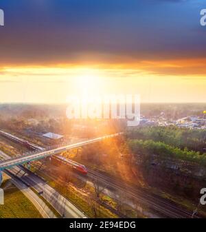 top view of a moving train during sunset Stock Photo