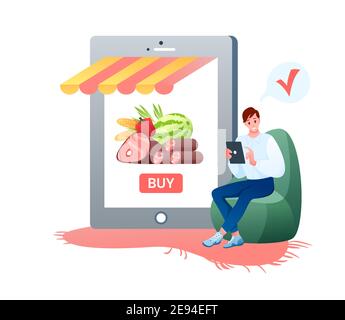 Online shopping grocery store, happy shopper character sitting in armchair with phone Stock Vector