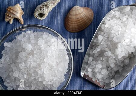 Metallic scoop and glass bowl full of sea salt on white and blue matting with sea shells Stock Photo