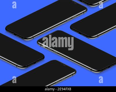 3D Mobile Phone Realistic Perspective Mockup Template Vector on Blue Background Stock Vector