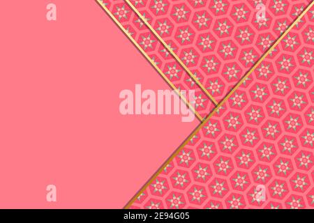 Abstract background illustration of diagonal layers of overlapping pink flower paper edged with gold on a plain pink background with copy space. Stock Photo