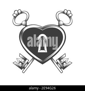 Tattoo of lock with two keys drawn in engraving style. Vector illustration. Stock Vector