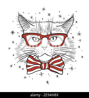 Hand drawn portrait of Cat in glasses with bow tie. Vector illustration isolated on white Stock Vector