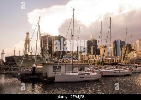 Sydney/Australia - January 20, 2020: Marina with boats in Cockle Bay, Darling Harbour Stock Photo