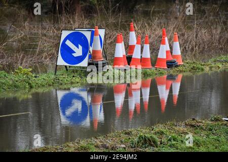 Cookham, Berkshire, UK. 2nd Feb 2021. Flooding near Cookham after the Thames bursts its banks in and together with ground water floods the village, causing road closures. Credit: One Up Top Editorial Images/Alamy Live News Stock Photo