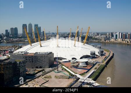 View from above of the Greenwich Dome with Canary Wharf and Blackwall beyond. View from new cable car link across the River Thames, East London. Stock Photo