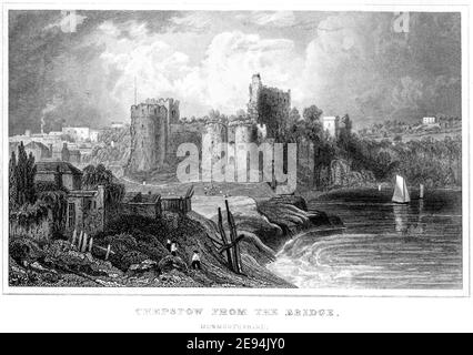 An engraving of Chepstow from the Bridge, Monmouthshire UK scanned at high resolution from a book published in 1854. Believed copyright free. Stock Photo