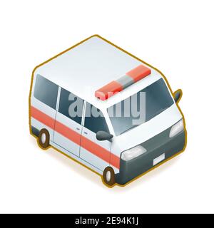 The digital painting of security police officer van, red siren ambulance car vehicle isometric cartoon icon raster illustration isolated on white back Stock Photo