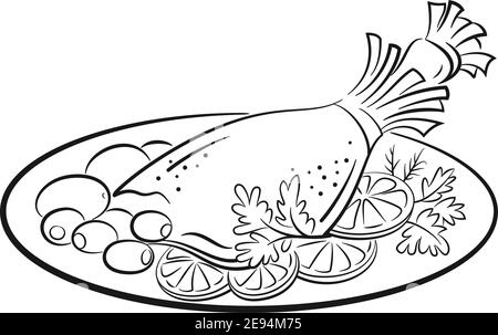 Chicken Leg with Garnish and Decorations, Cherry Tomatoes, Olives, Lemons and Parsley on a Platter. Black Contours Isolated on White Background. Vecto Stock Vector
