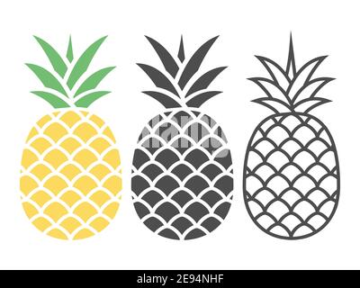 Pineapple icon set. Healthy fruit food collection isolated on white. Vector tropical illustration. Stock Vector