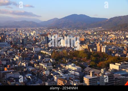 KYOTO, JAPAN - APRIL 14, 2012: Aerial view of Shimogyo and Higashiyama wards of Kyoto, Japan. Kyoto is the 8th most populous city in Japan, with 1.5 m Stock Photo