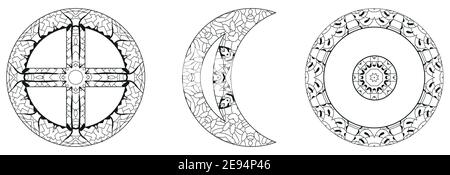 Astronomical signs, astrology concept art for coloring. Tattoo design. EARTH, MOON and SUN Stock Vector