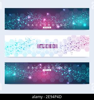 Scientific set of modern vector banners. DNA molecule structure with connected lines and dots. Scientific and technology concept. Wave flow graphic Stock Vector