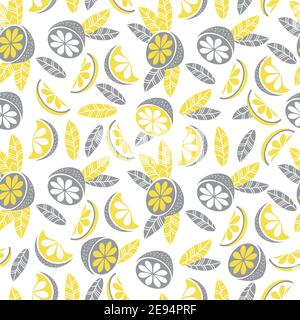 Seamless pattern in yellow-gray color. Decor, citrus fruits, leaves and branches on white background. Vector illustration. For textiles, wallpaper Stock Vector