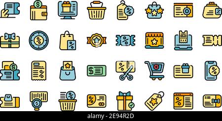 Online voucher icons set. Outline set of online voucher vector icons thin line color flat on white Stock Vector