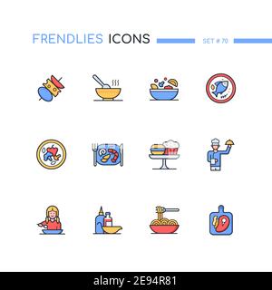 Restaurant - modern line design style icons set. Cafe menu idea. Colorful images of appetizers, soups, salads, fish, seafood, vegetarian, meats, chef Stock Vector