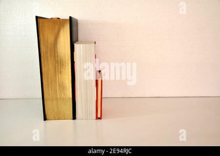 Books of various sizes and thicknesses in wooden bookshelves in red and black colors in side view on white background, Brazil, South America Stock Photo