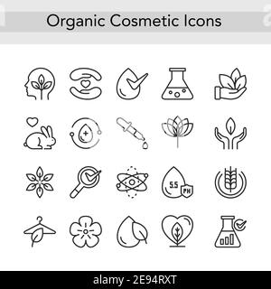 Organic eco beauty cosmetics thin black line icons, outline logo cosmetology collection Stock Vector