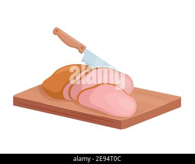 Cut ham, isometric cutlery chef knife cutting smoked meat bacon ham on wooden board Stock Vector